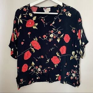 Me 2 U Blouse Floral Button Down Top Business Casual Loose Fitting Navy Trendy